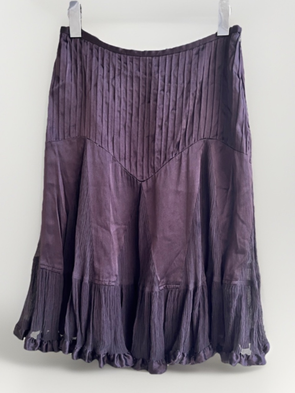 Vintage Banana Republic 2 100% Silk Pleated Ruffle Midi Skirt Chocolate Brown